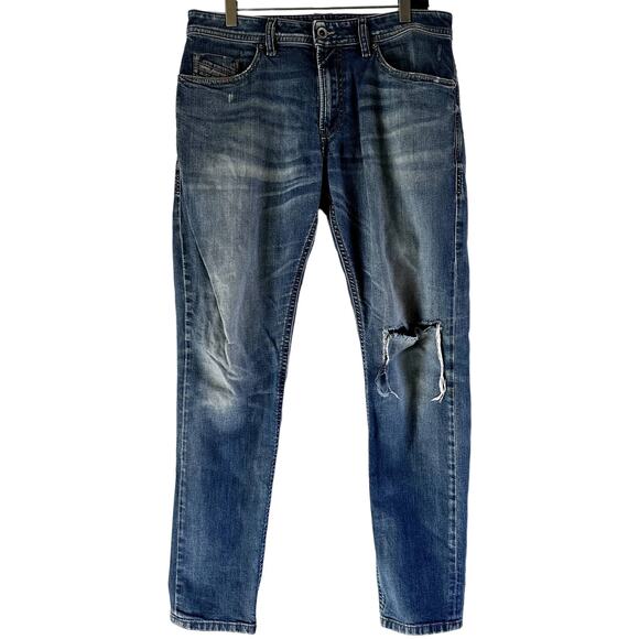 Diesel Thommer Slim Straight Leg Jeans Distressed Ripped Medium Wash Blue 32x30 - Picture 1 of 6